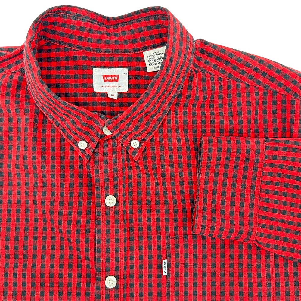 Levi Strauss Mens XL Red Black Gingham Button Down Long Sleeve Shirt